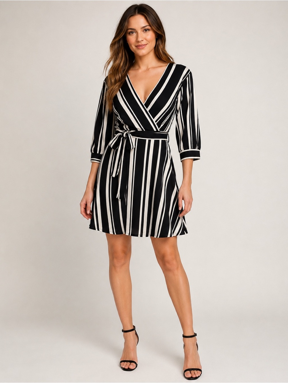 1085 EUC H&M Black & White Striped Dress - Classic V-Neck. Sz XS